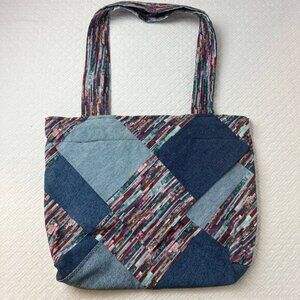 Vintage Handmade Multcolored Patchwork Denim Women's Duffle Bag Purse Bag Tote